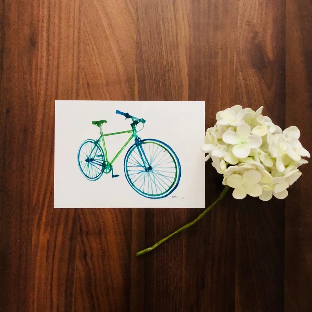 Giclee Bike Art Prints: Blue Tonal Watercolor & Graphite